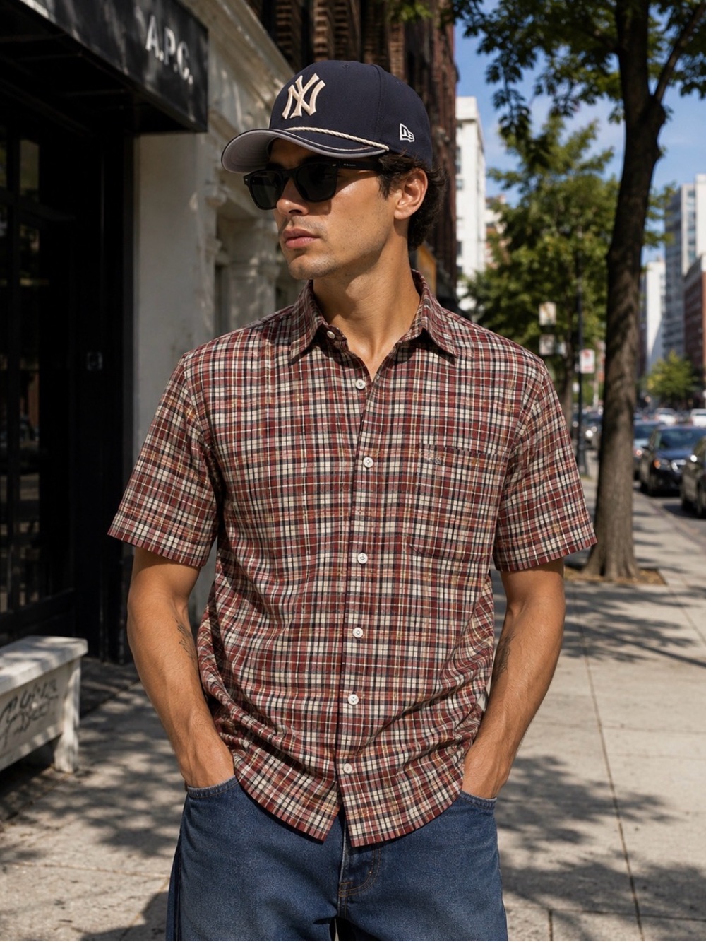 Texwood Vintage Men’s Red Beige Plaid Short Sleeve Button Up Shirt170/92A